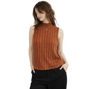 JACQUELINE FERRAR 100% Silk Ribbed Mock Neck Tank Copper Minimalist L